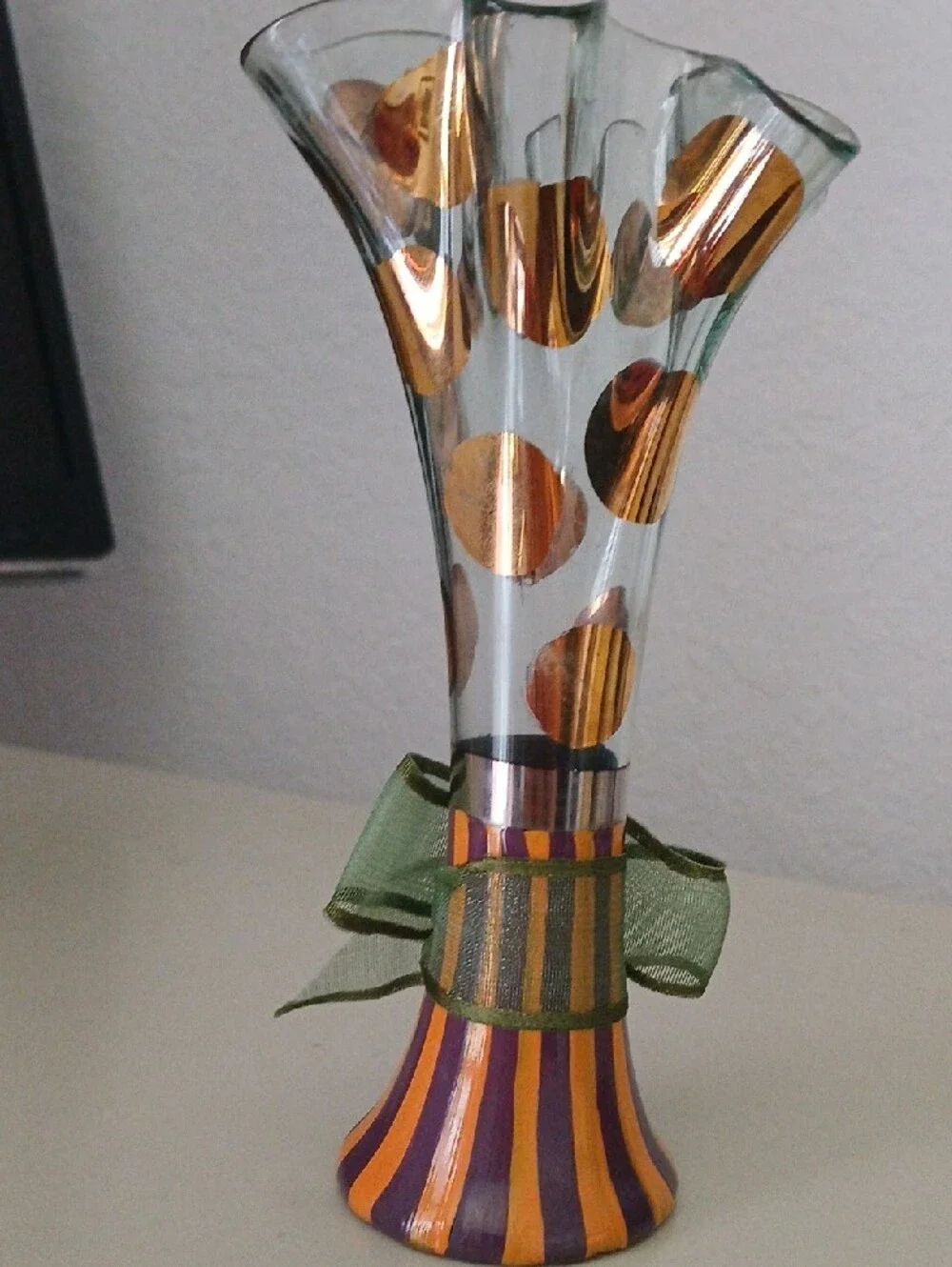 MackenzieChilds Handblown Ruffled Glass Vase with Gold Dot Accents and Green Bow
